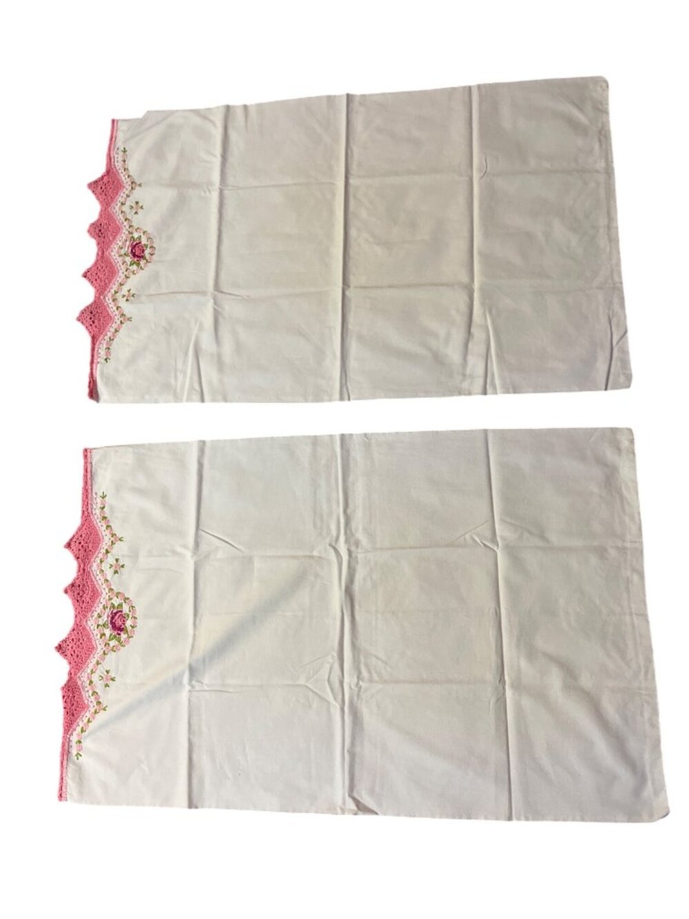 Vintage Handmade Pillowcases Set 2 Embroidered Pink Crochet Lace Floral